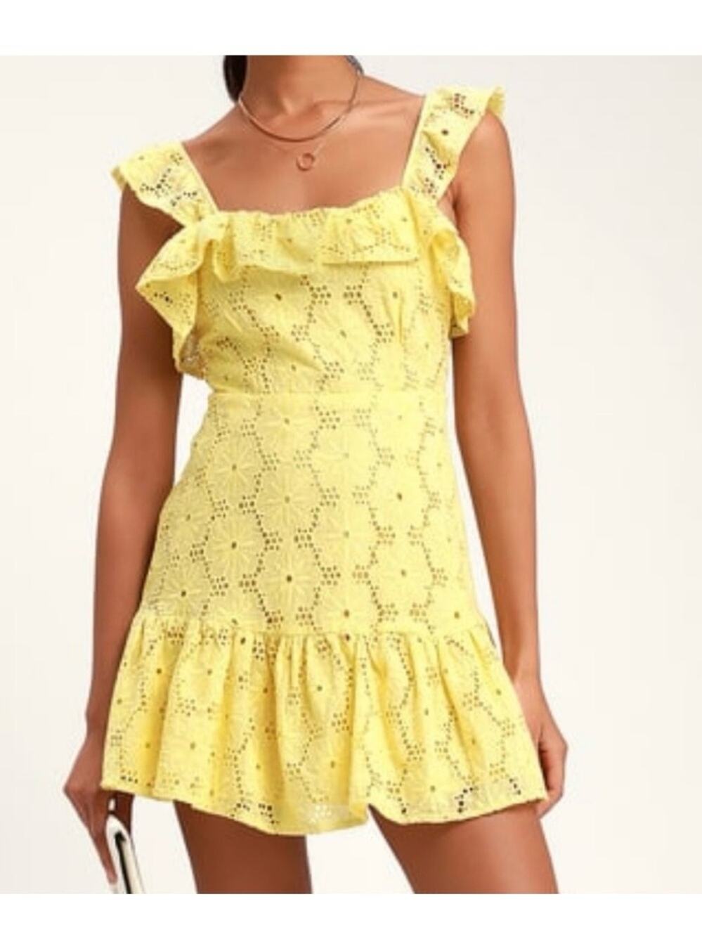 Lulus Biscay Yellow Ruffled Eyelet Lace Sleeveless Dress Women's L